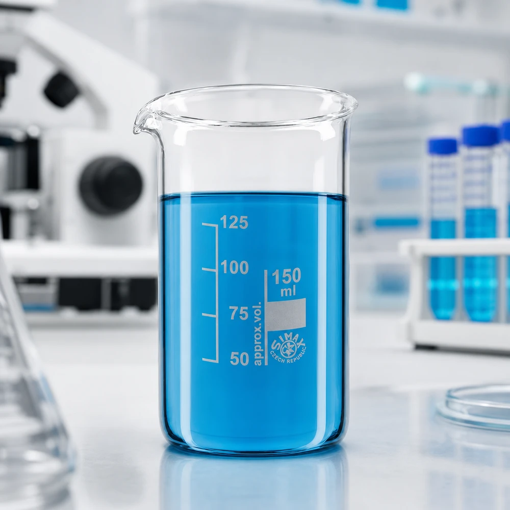 Vaso de precipitados de laboratorio de 150 ml, de forma alta, con un líquido azul sobre una encimera blanca