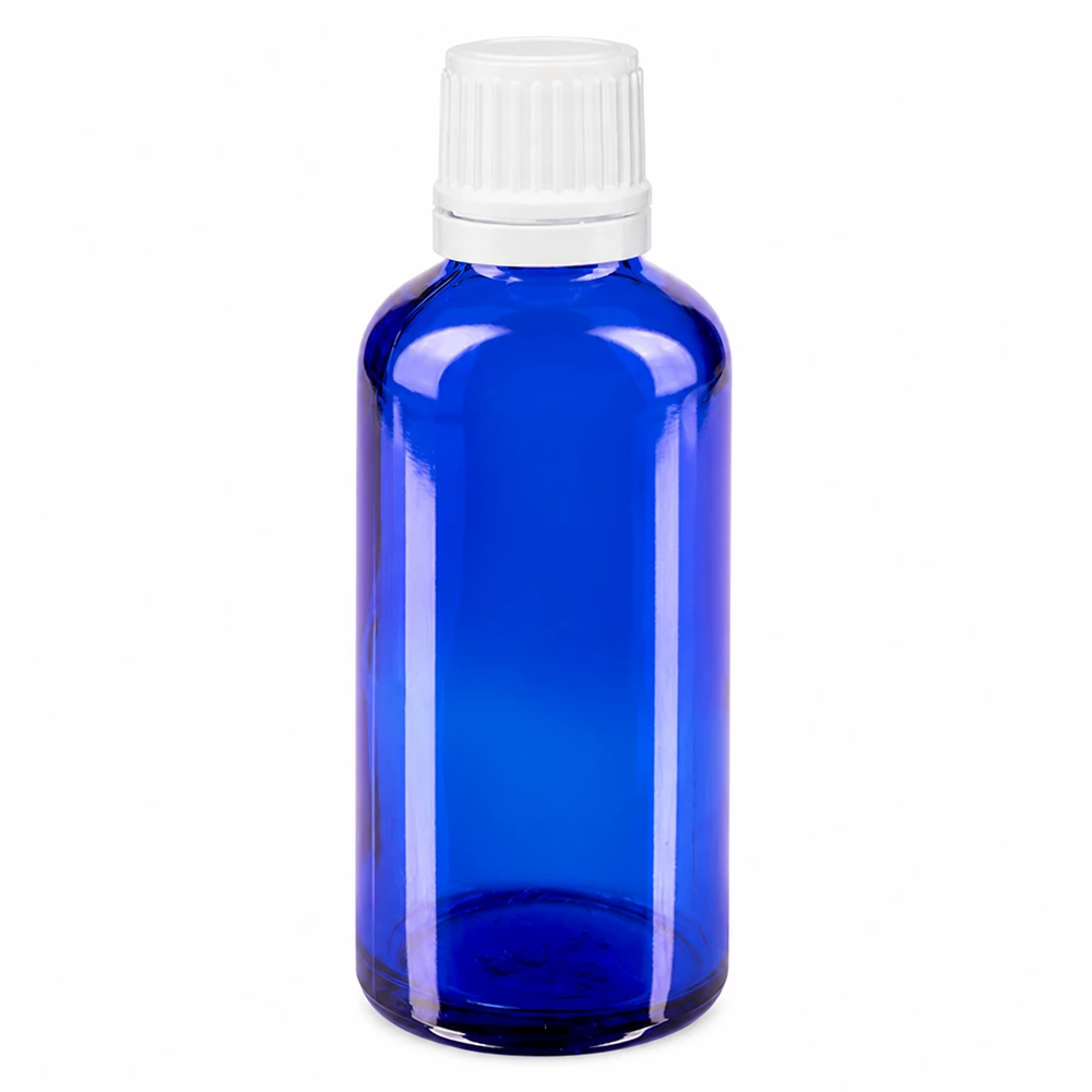 Frasco de farmacia de cristal azul de 50 ml con tapón cuentagotas blanco de 0,7 mm OV