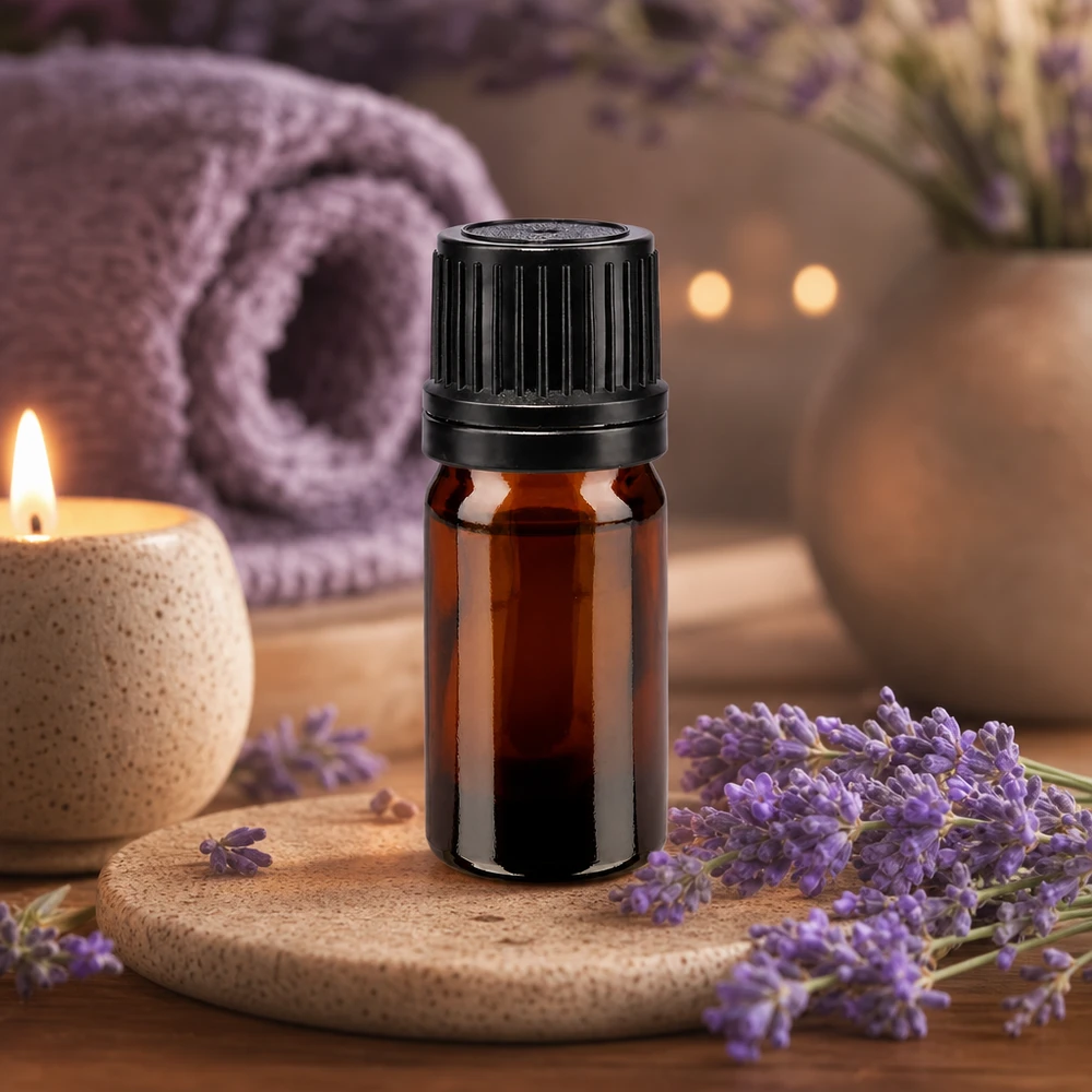 Frasco de farmacia marrón de 5 ml con tapón cuentagotas negro, delante de unas flores de lavanda y una vela