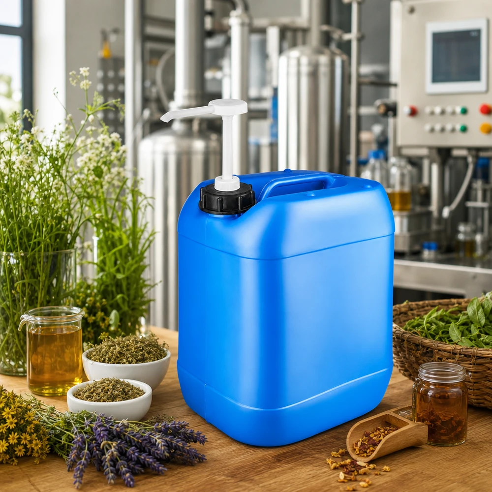 Bidón azul de 20 litros con bomba dosificadora, rodeado de hierbas, lavanda y aceites esenciales sobre una mesa de madera