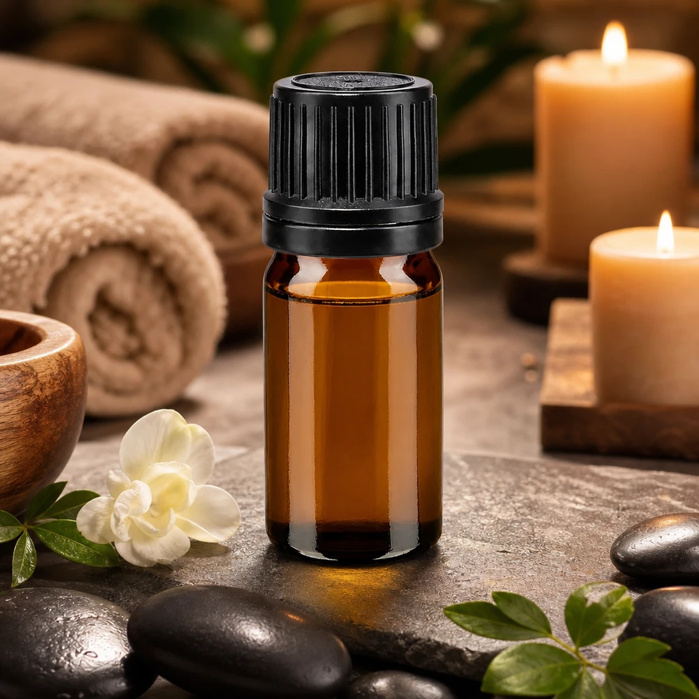Frasco de cristal de 5 ml de color ámbar con tapón OV negro, sobre piedras de masaje y una flor blanca