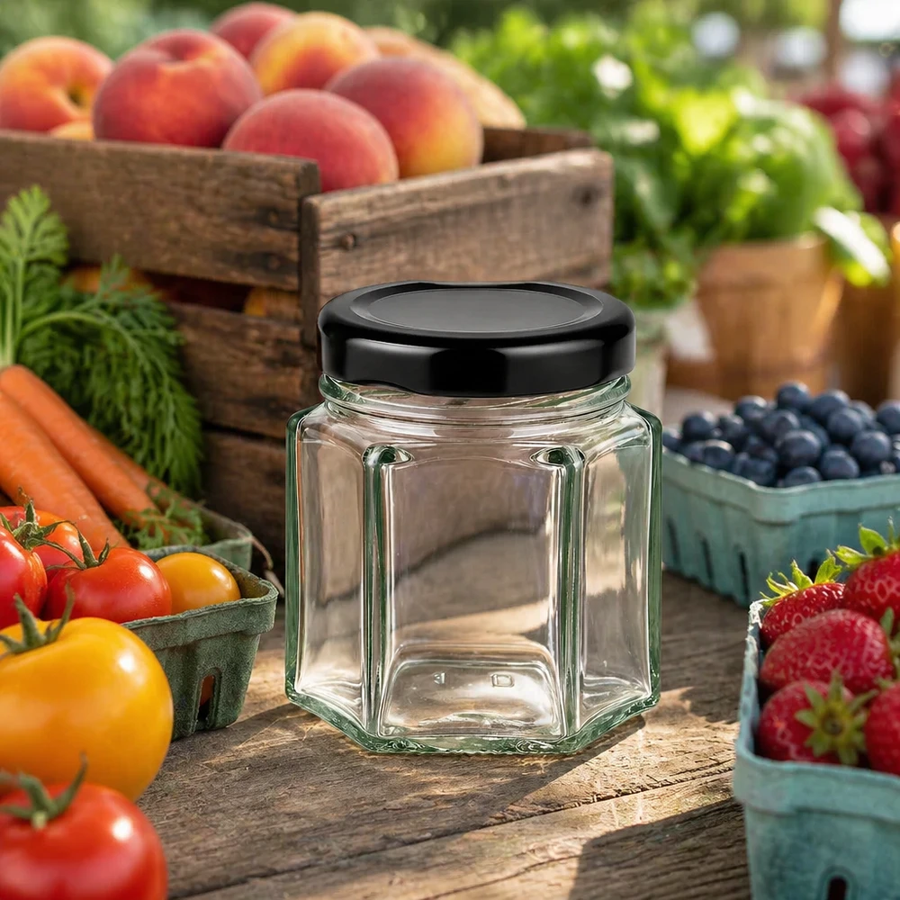 Tarro hexa de 47ml con tapa BasicSeal negra UNiTWIST Vaso hexa vacío de 47 ml con tapa negra sobre una mesa de madera rodeado de frutas y verduras frescas en una escena rural