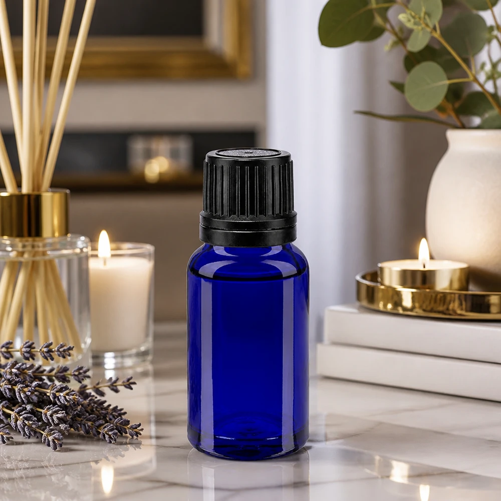 Botella de farmacia azul 10ml tapón rosca anillo vertedor negro cierre inviolable Frasco de cristal azul cobalto de 10 ml con tapón original negro para aceites esenciales y aromaterapia