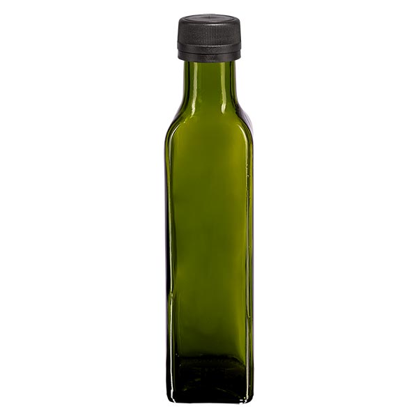 Botella de rosca cuadrada verde oliva de 250ml con tapón negro