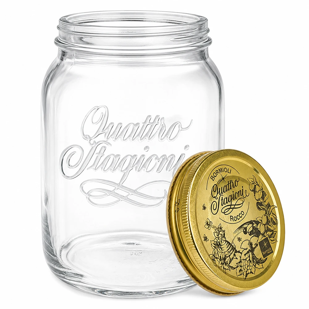 Tarro redondo "Quattro Stagioni" 2000ml con tapa Tarro para conservas Quattro Stagioni 2 litros con tapa decorativa dorada - Tarro italiano para conservas y mermeladas