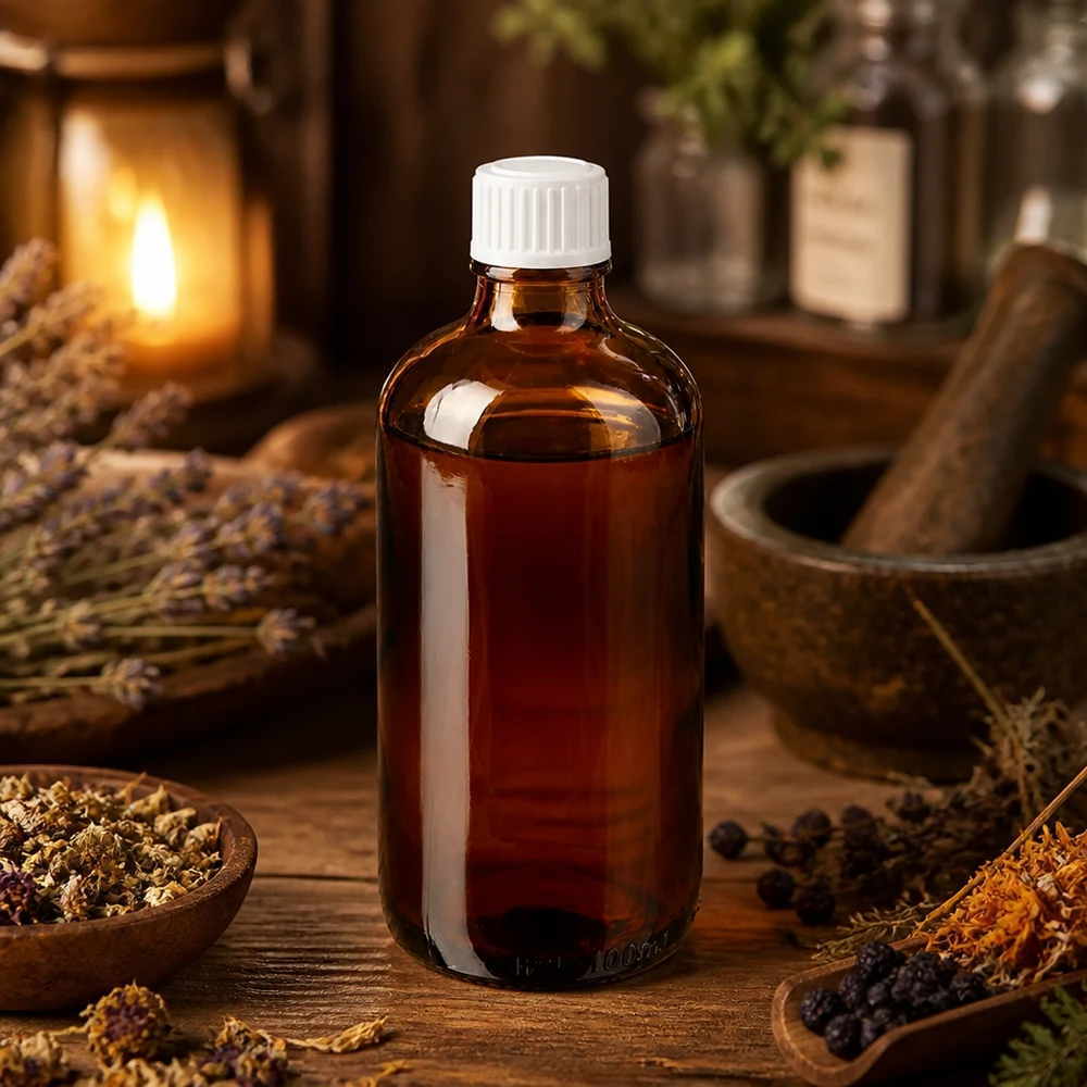 Botella de farmacia marrón 100ml tapón cuentagotas blanco 0.8mm estándar Botella de cristal marrón de 100 ml con tapón blanco, rodeada de hierbas, lavanda y un mortero sobre una mesa de madera