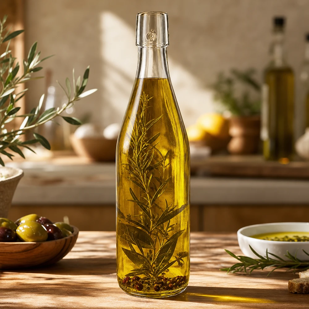 Botella de vidrio de 500 ml sin tapón giratorio UNiTWIST Botella de vidrio UNiTWIST de 500 ml llena de aceite de oliva y hierbas en la cocina mediterránea como ejemplo de uso