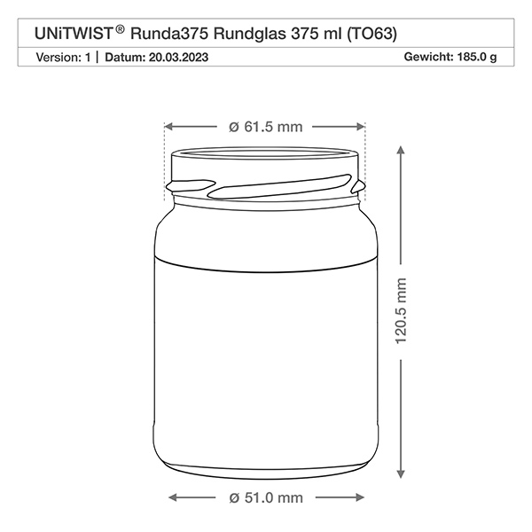 Tarro redondo de 375ml sin tapa (TO63) UNiTWIST UNiTWIST Runda375 Rundglas 375ml TO63 technische Zeichnung mit Maßangaben Durchmesser 61mm Höhe 120mm Gewicht 185g