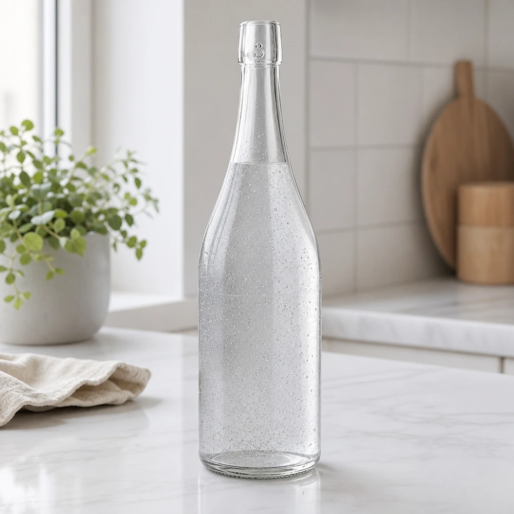 Botella de cristal de 750 ml sin tapón giratorio UNiTWIST Botella de cristal UNiTWIST de 750 ml llena de agua con gas cocina moderna encimera de mármol blanco ambiente