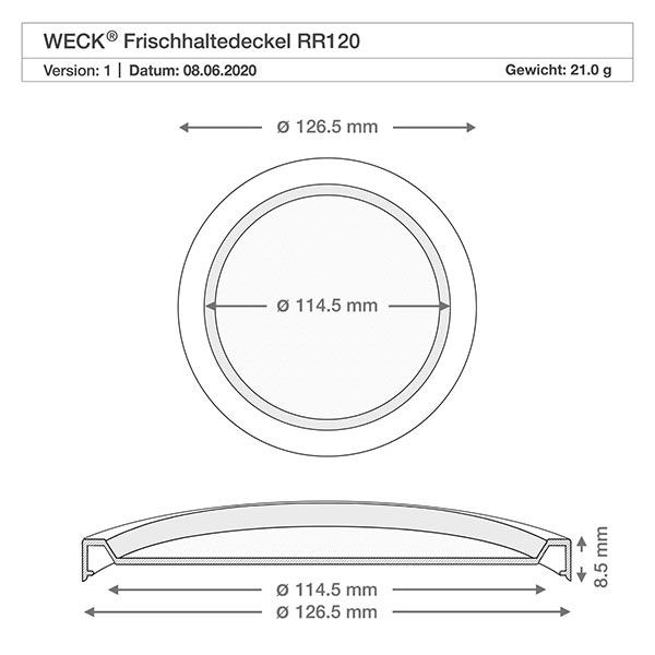 Tapa de conservación WECK RR120 Dibujo técnico de la tapa de conservación WECK RR120 de 126,5 mm de diámetro exterior y 114,5 mm de diámetro interior