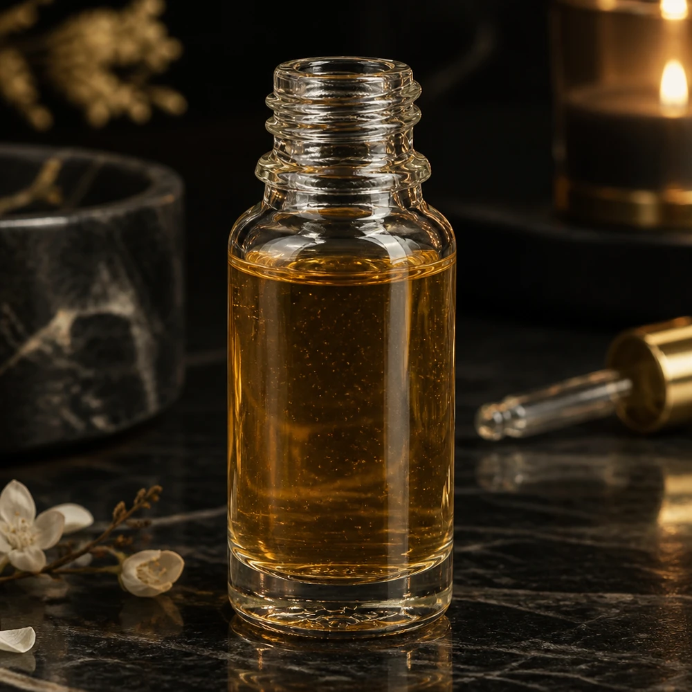Pequeño frasco de cristal transparente de 10 ml lleno de aceite dorado sobre un fondo de mármol negro