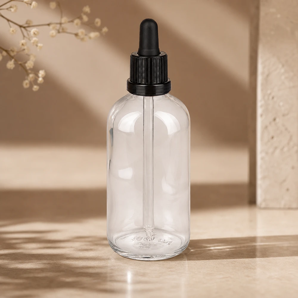 Frasco pipeta 100ml cierre inviolable negro ClearLine UT18/100 Frasco cuentagotas de 100 ml, de cristal transparente, forma «Boston Round», con tapón de pipeta negro ClearLine UT18