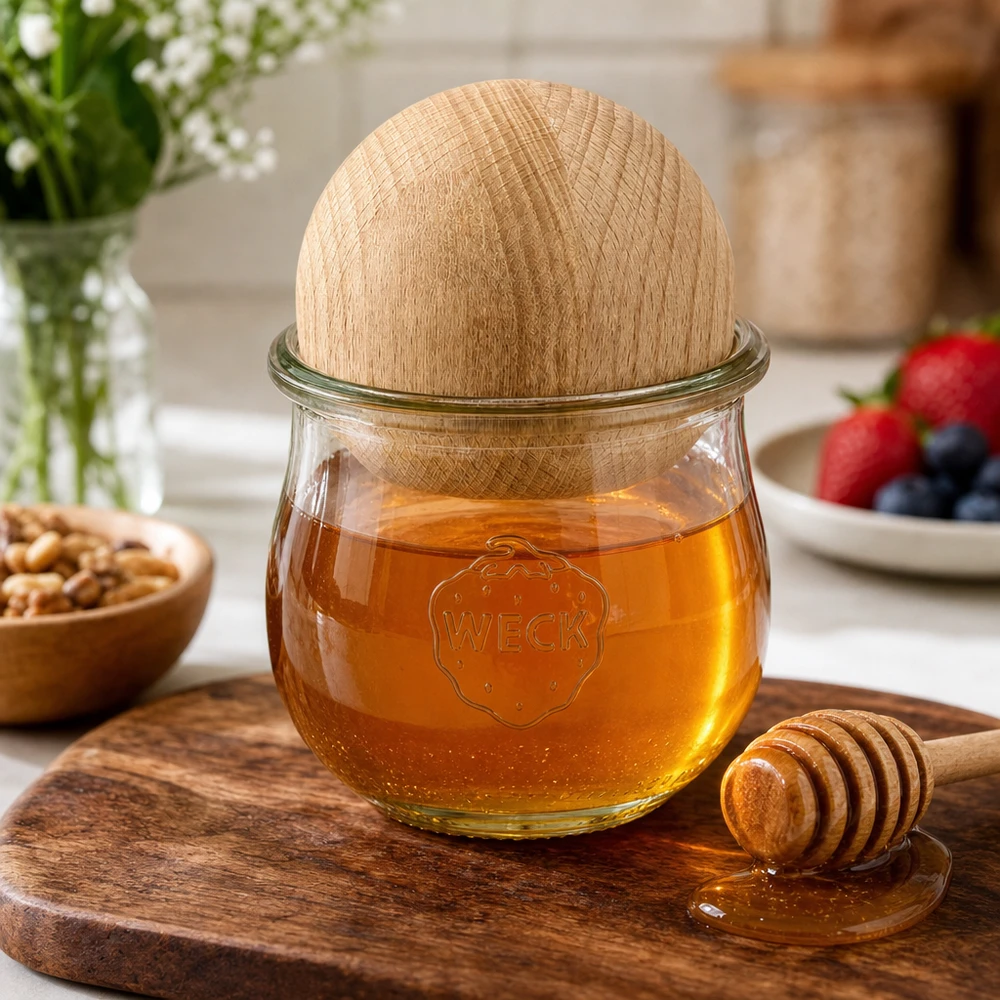 Tarro tulipán WECK RR80 de 370 ml con bola de madera de haya WECK tarro tulipán RR80 370ml con bola de haya como tarro de miel con cuchara de miel sobre tabla de madera en cocina natural