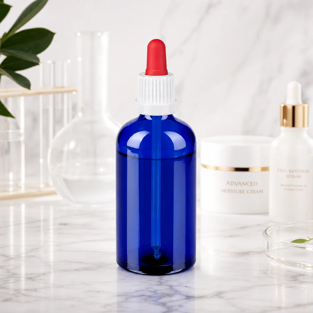 Frasco pipeta 100ml negro blanco/rojo cierre inviolable BlueLine UT18/100 Frasco cuentagotas compacto de 100 ml fabricado en resistente vidrio azul para almacenar líquidos de forma segura