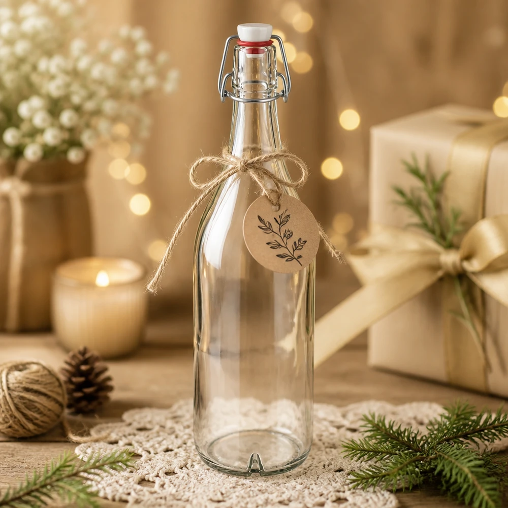 Botella de cristal 1000ml PVC tapa abatible decorada para Navidad con etiqueta de regalo estilo rústico decoración invernal