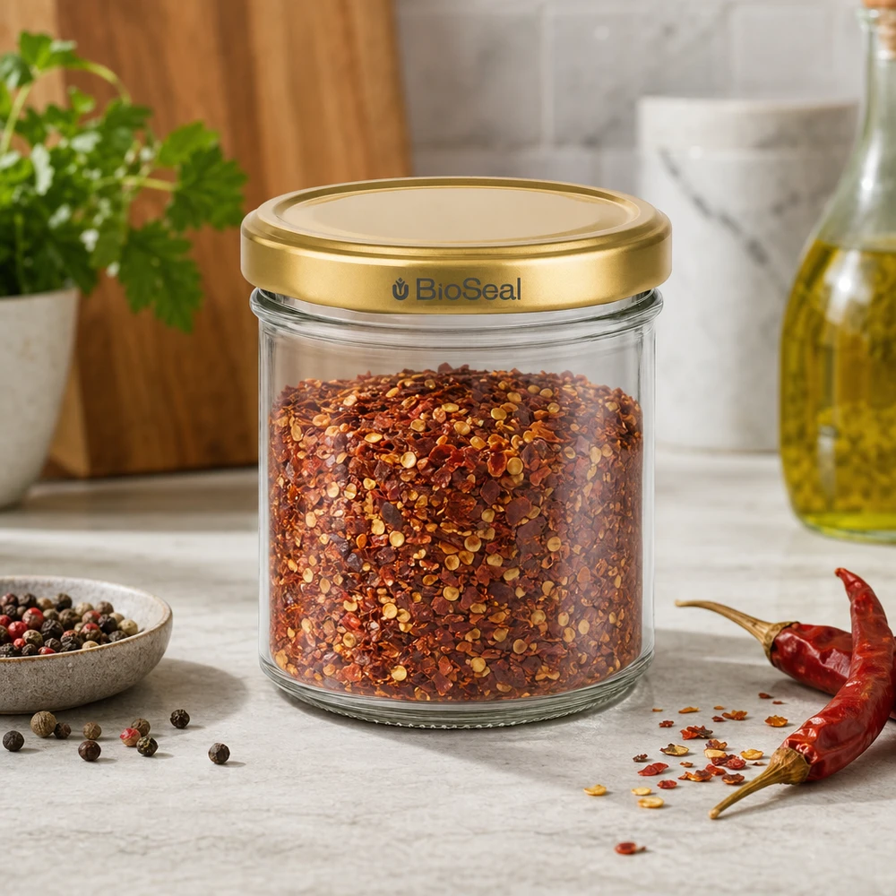 BioSeal Tarro de especias de 200 g con copos de guindilla Tapa dorada Escena de cocina con granos de pimienta y guindilla