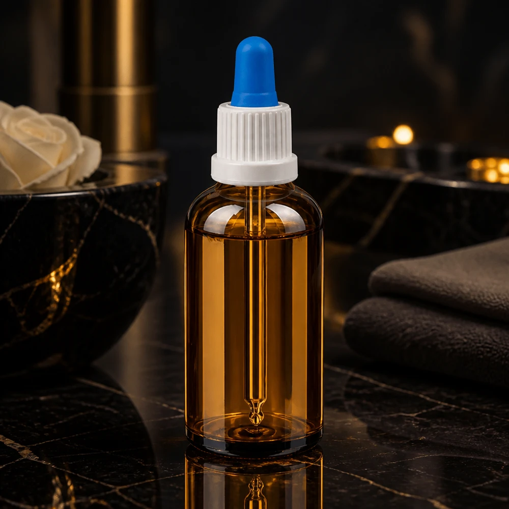 Frasco pipeta 50ml blanco/azul cierre inviolable BrownLine UT18/50 Frasco pipeta compacto de 50 ml BrownLine para la dosificación precisa de gotas en laboratorios y cosmética