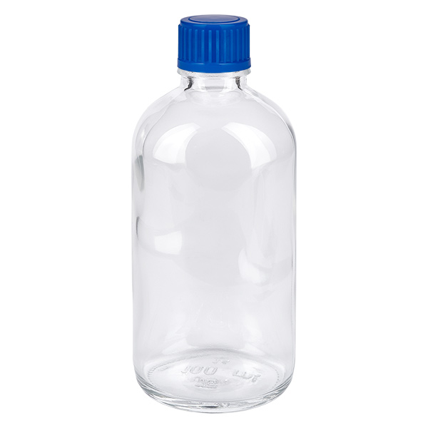 Botella 100ml 11mm tapón rosca azul estándar ClearLine UT18/100 Botella de cristal de 100 ml con tapón de rosca azul ClearLine UT18, de cristal transparente
