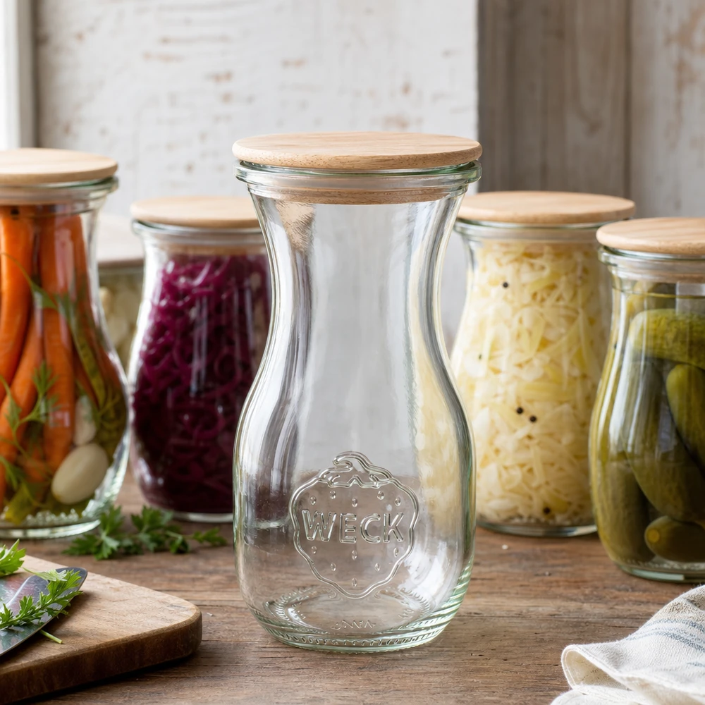 Botella de zumo WECK de 290 ml con tapa de madera rodeada de coloridos tarros de conserva con verduras encurtidas sobre una mesa de madera.