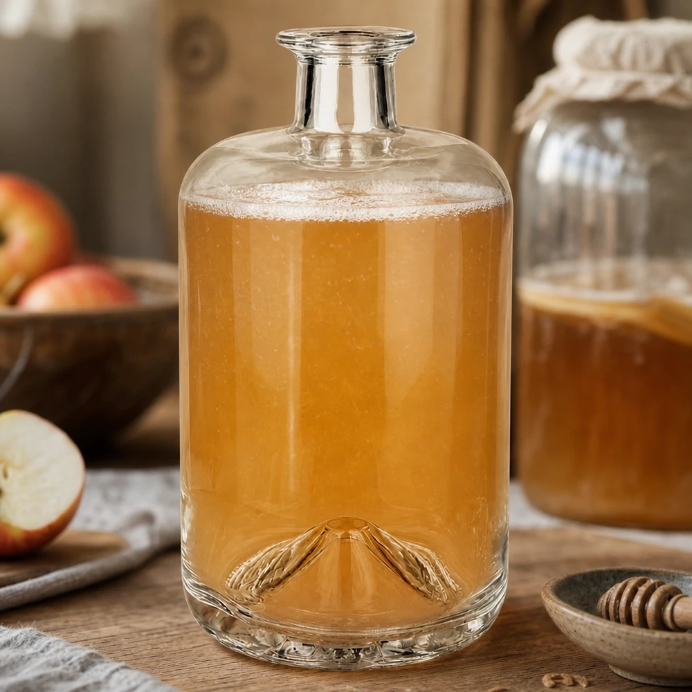 Botella de cristal Sofía de 700 ml llena de zumo de manzana rodeada de manzanas frescas y miel paisaje rústico de cocina