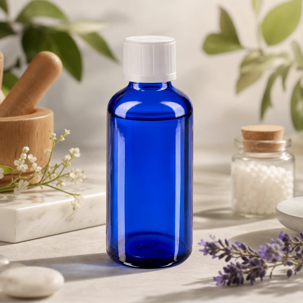 Botella de cristal azul de 50 ml con tapón de rosca blanco junto a un mortero de lavanda y glóbulos homeopáticos