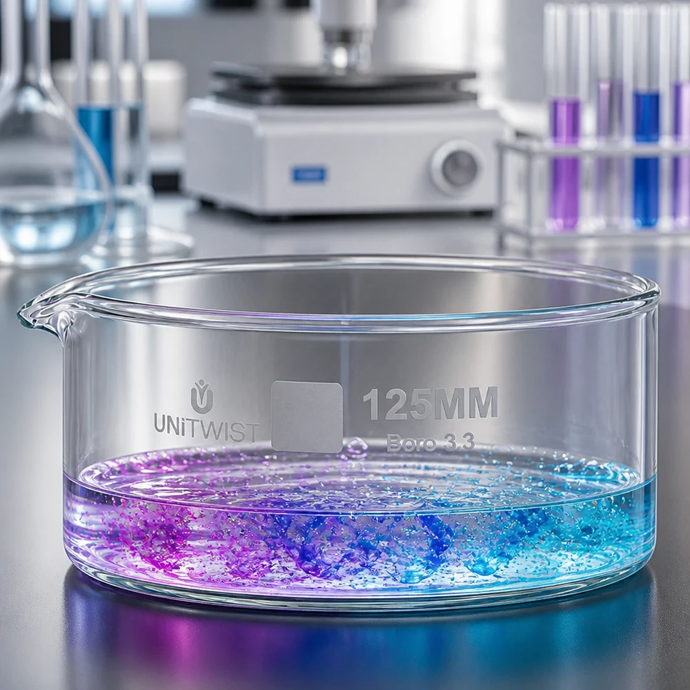 Cristalizador ø125mm vidrio borosilicato UNiTWIST Cubeta de cristalización de 125 mm UNiTWIST Boro 3.3 con solución de reacción de color azul violeta sobre la superficie del laboratorio
