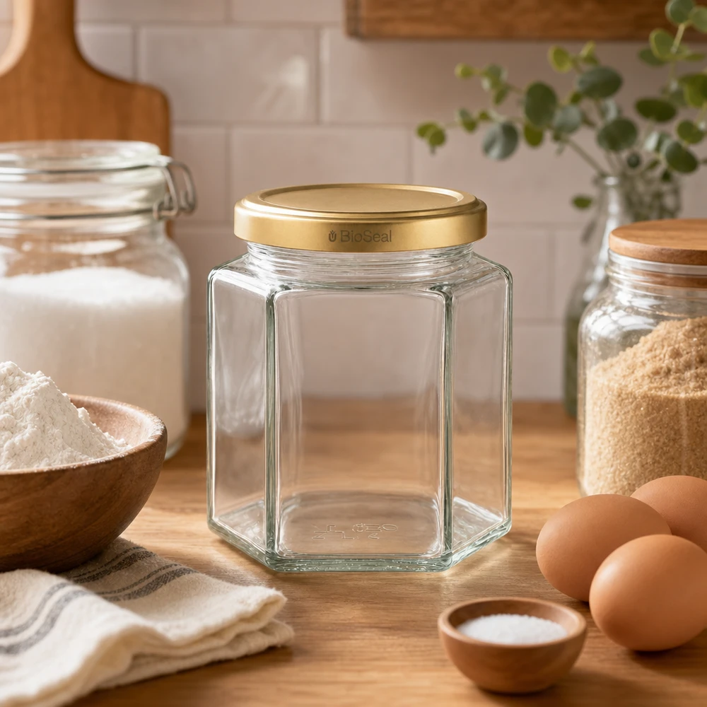 UNiTWIST Hexa390 tarro vacío con tapa dorada BioSeal en la cocina con ingredientes para hornear harina huevos y especias