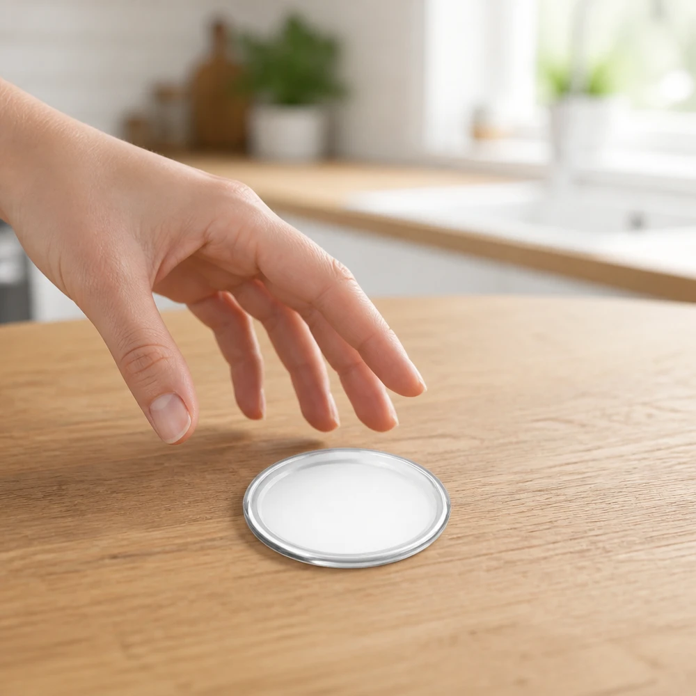 Tapa de rosca BasicSeal blanca y redonda de 58 mm (TO58 UniTwist) sobre una mesa de madera en la cocina