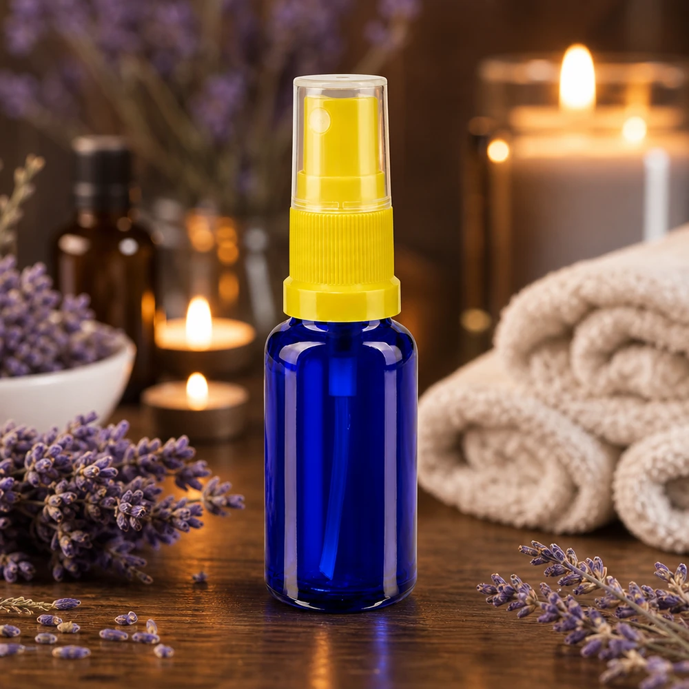 Frasco compacto con pulverizador para aromas de 20 ml, de cristal azul de farmacia con cabezal de pulverización amarillo, entre flores de lavanda