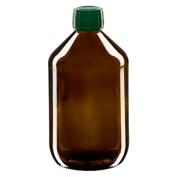 Frasco medicamento 500ml marrón, tapón verde con anillo precinto ApoGlas Frasco medicamento 500ml marrón, tapón verde con anillo precinto ApoGlas