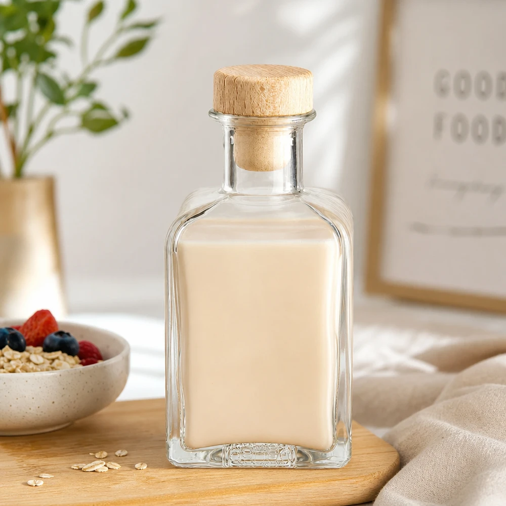 Botella de farmacia de 200 ml «Clara» con tapón de corcho con asa de madera UNiTWIST® Botella de cristal de 200 ml Clara llena de leche de avena corcho de madera tazón de cereales bayas avena nutrición sana desayuno