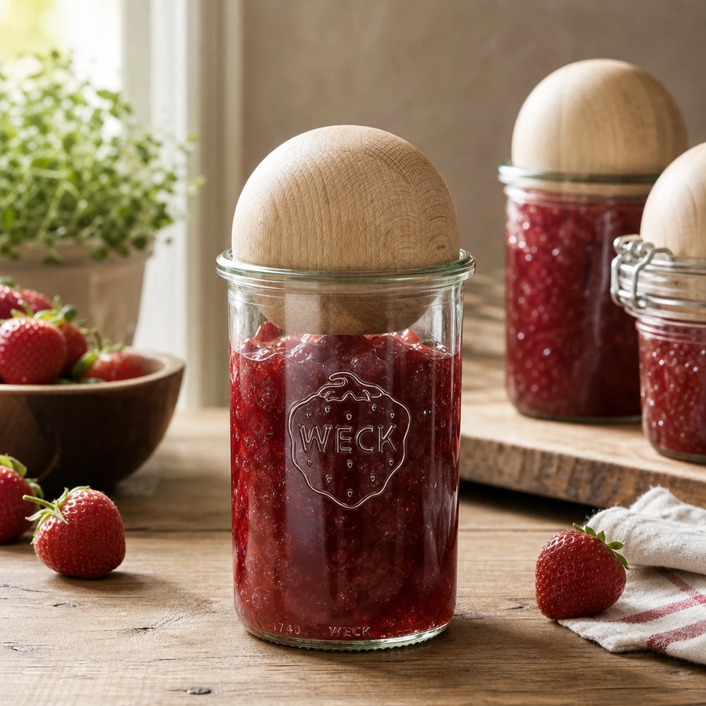 Tarro de conserva WECK 1000ml lleno de mermelada de fresa y tapa de bola de madera en cocina rústica con fresas frescas