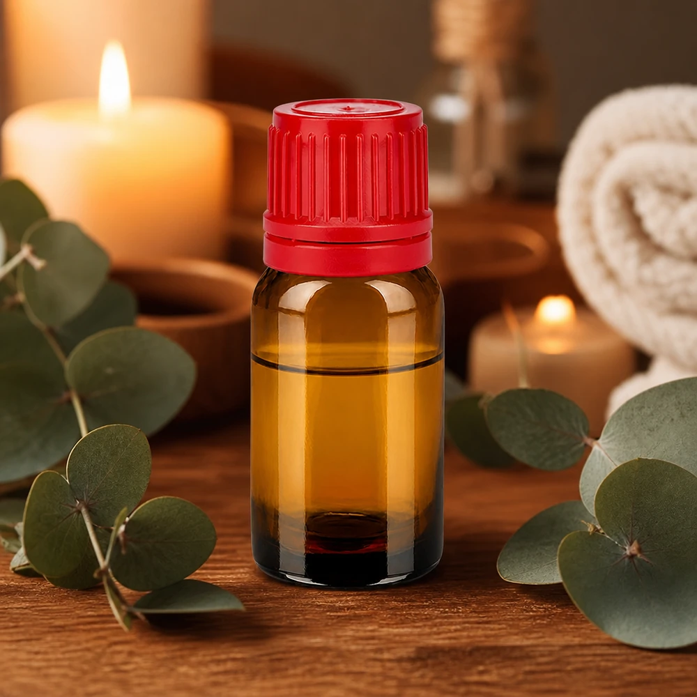 Frasco boticario de 10 ml de vidrio marrón con tapón rojo para aromaterapia y cosmética
