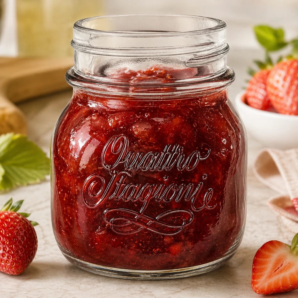 Tarro doméstico Quattro Stagioni 150ml lleno de mermelada de fresa roja junto a fresas frescas sobre mesa de madera