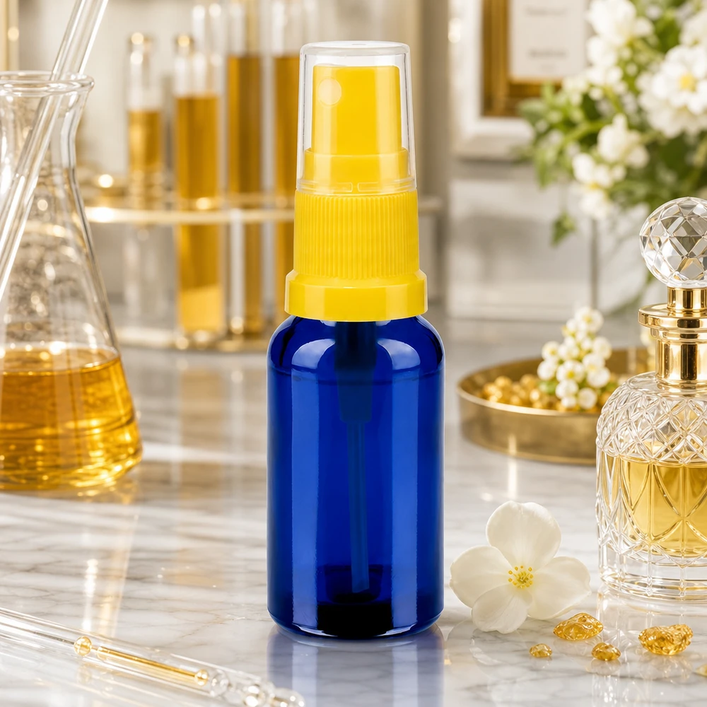 Botella pulverizadora compacta de 20 ml con cabezal de bomba transparente BlueLine UT18/20 para cosméticos