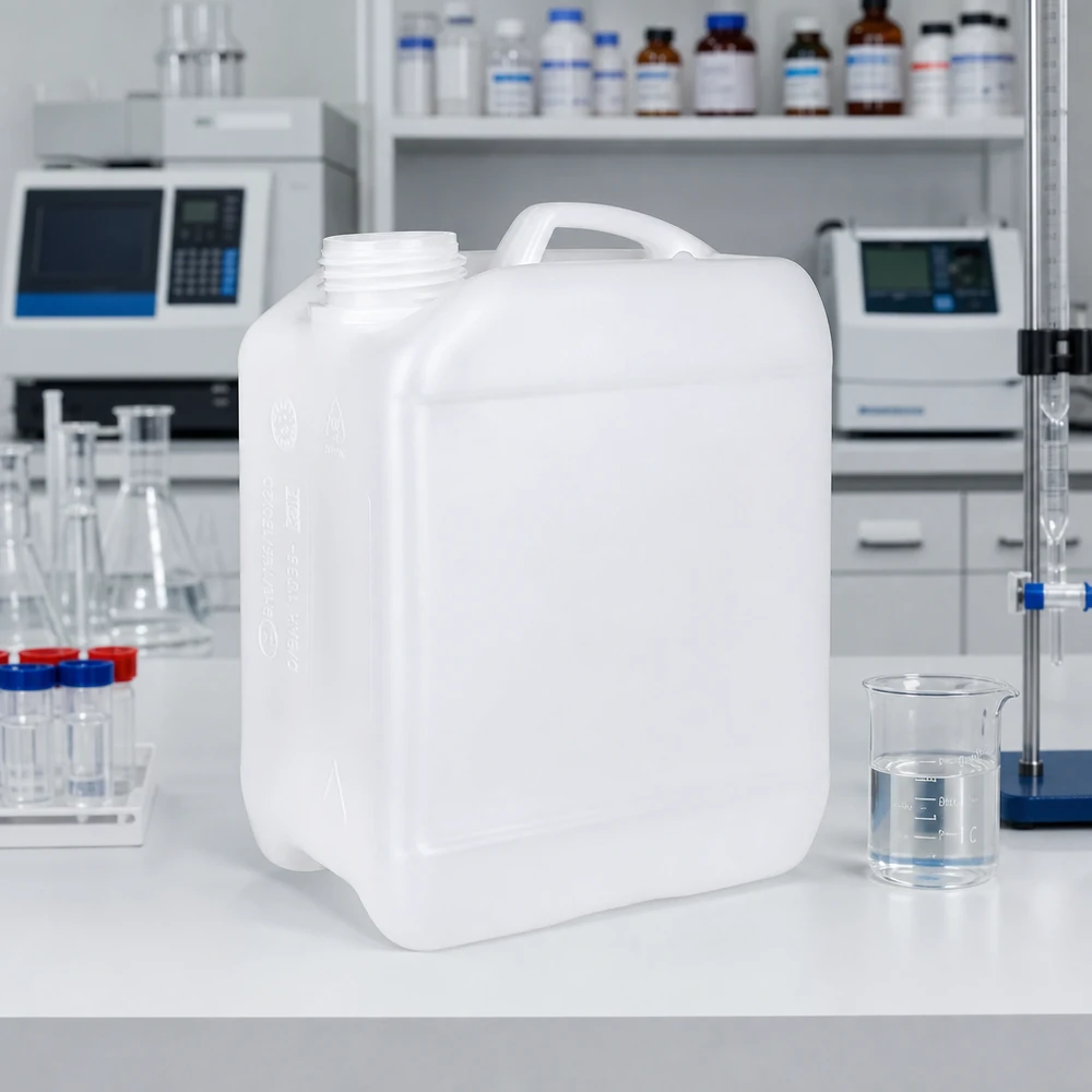 Bidón 2,5 litros sin tapón Un bidón rectangular de 2,5 litros sin tapón sobre una mesa de laboratorio blanca, junto a un vaso de precipitados