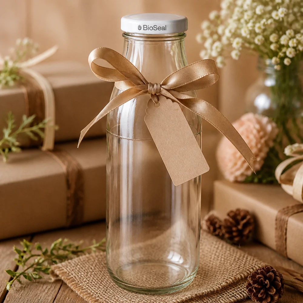 Botella de vidrio vacía de 500 ml envuelta para regalo con lazo marrón y etiqueta, tapa blanca BioSeal