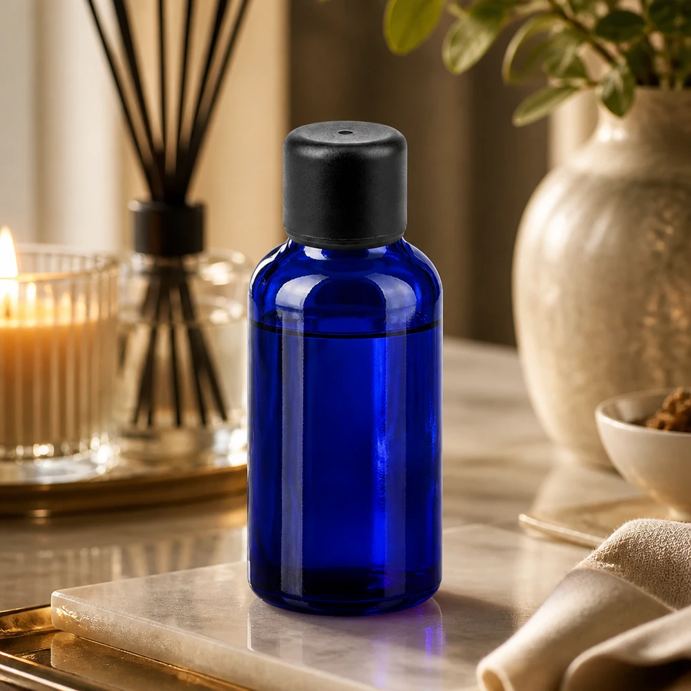 Frasco boticario azul cobalto de 30 ml con tapón cuentagotas para aromaterapia y cosmética natural