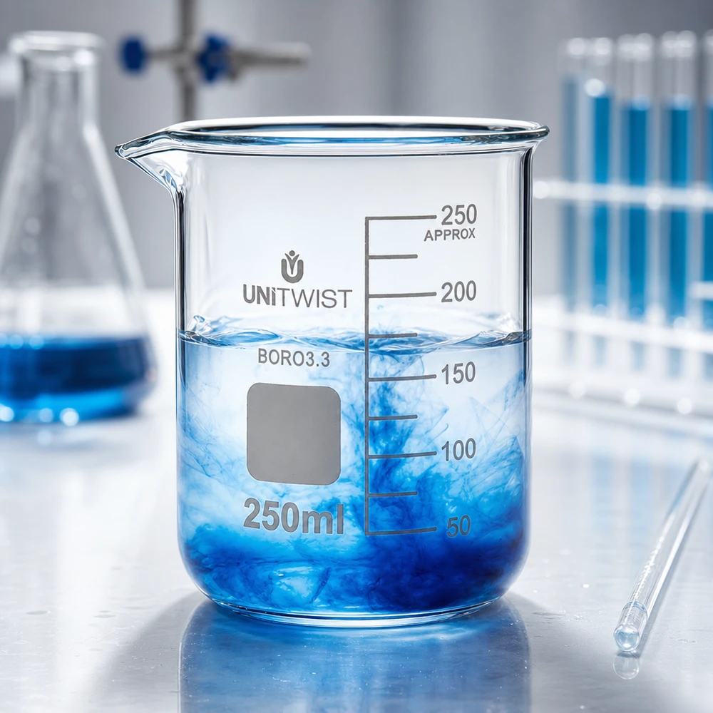 Vaso de precipitados de laboratorio transparente de 250 ml, de forma baja, con un colorante azul que se disuelve en el agua