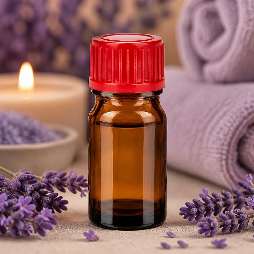 Pequeño frasco boticario de vidrio ámbar de 5 ml con práctica tapa roja para aplicaciones de aromaterapia