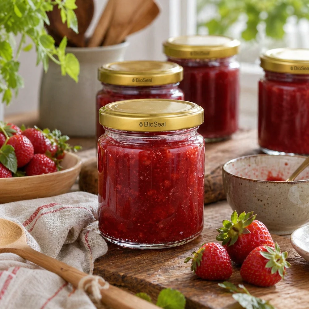 Tarros de mermelada UNiTWIST Runda53 con tapa dorada TO43 BioSeal llenos de mermelada de fresa junto a fresas frescas