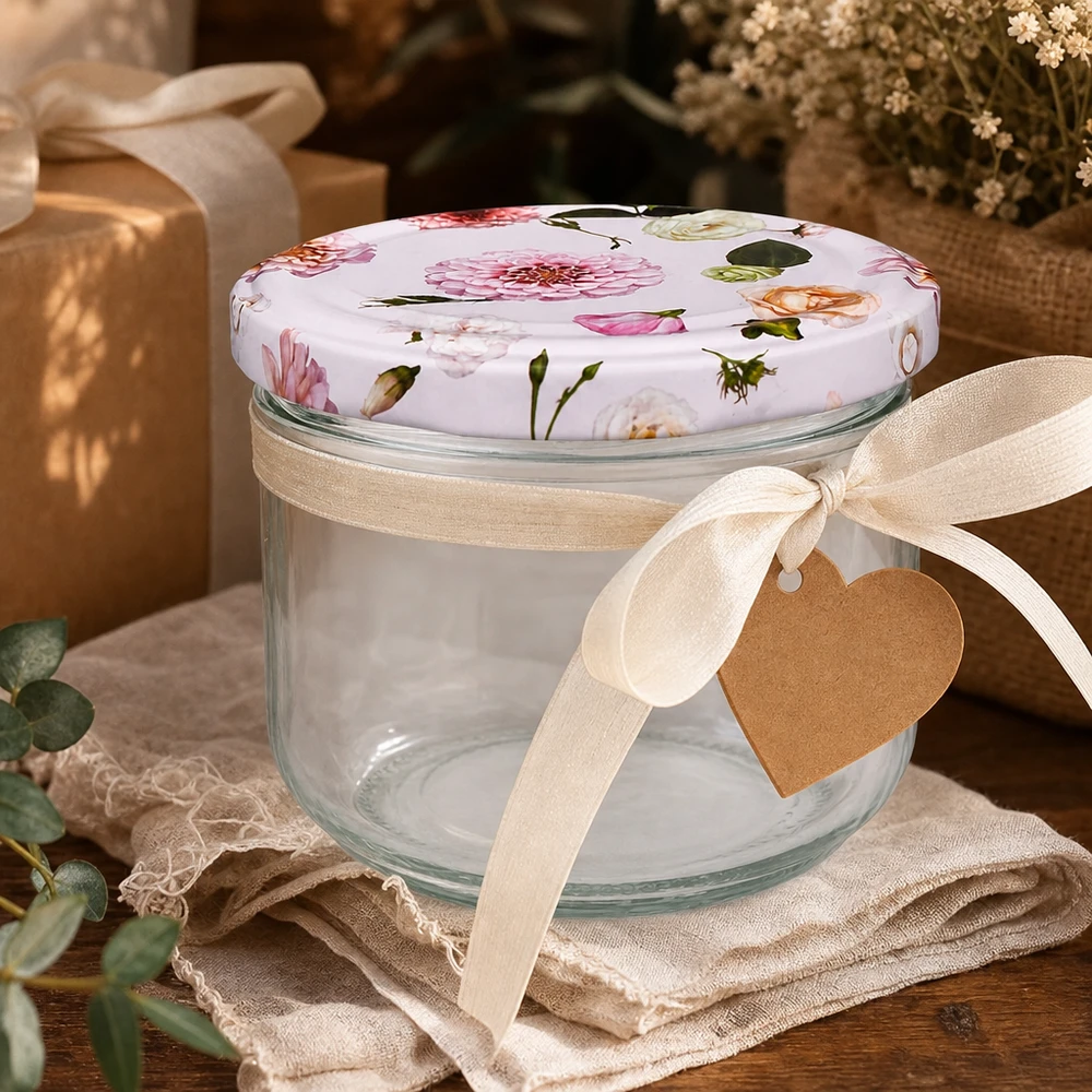 Vasos de 260 ml + tapa BasicSeal rosa flor UNiTWIST Sturzglas 260ml mit rosa Blumendeckel als Geschenkverpackung - dekoratives Einmachglas mit Schleife und Herzanhänger