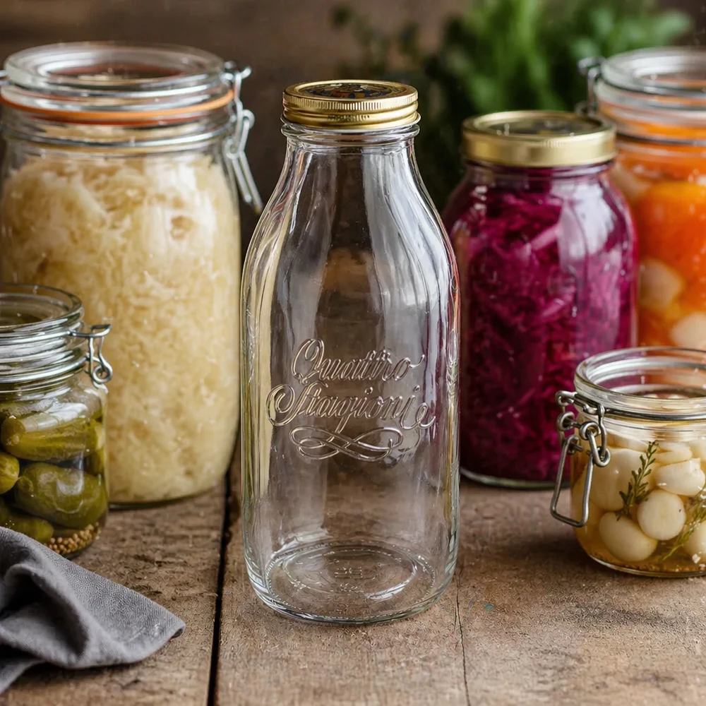 Quattro Stagioni 1000ml botella de vidrio entre frascos de conservas con verduras fermentadas y encurtidos