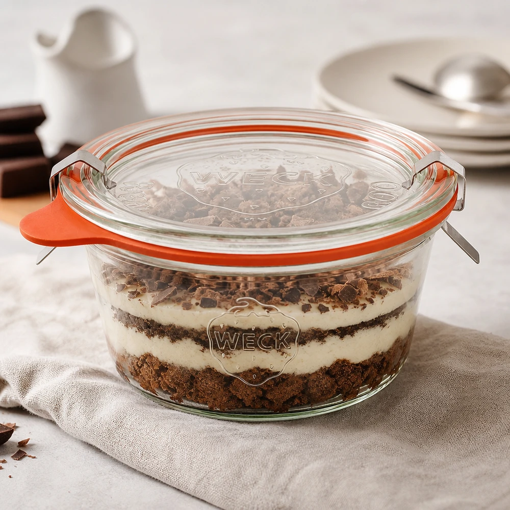 Los vasos WECK de 290 ml RR100 rellenos de postre Tiramisú demuestran su uso versátil como tarro de postre