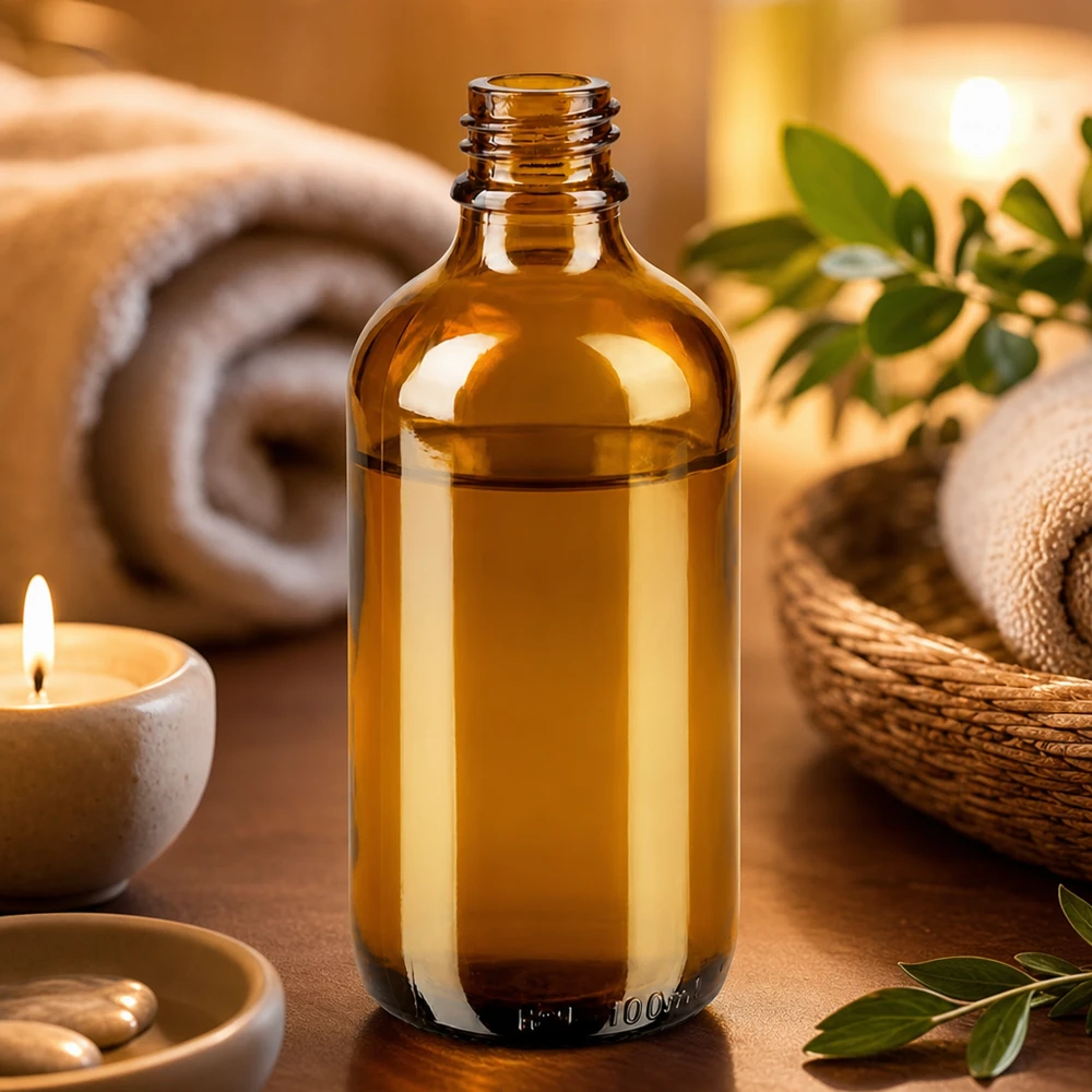 Frasco gotero 100 ml DIN 18 de vidrio ámbar Frasco de farmacia ApoGlas marrón de 100 ml en un cálido ambiente de bienestar con toallas de vela y hojas verdes