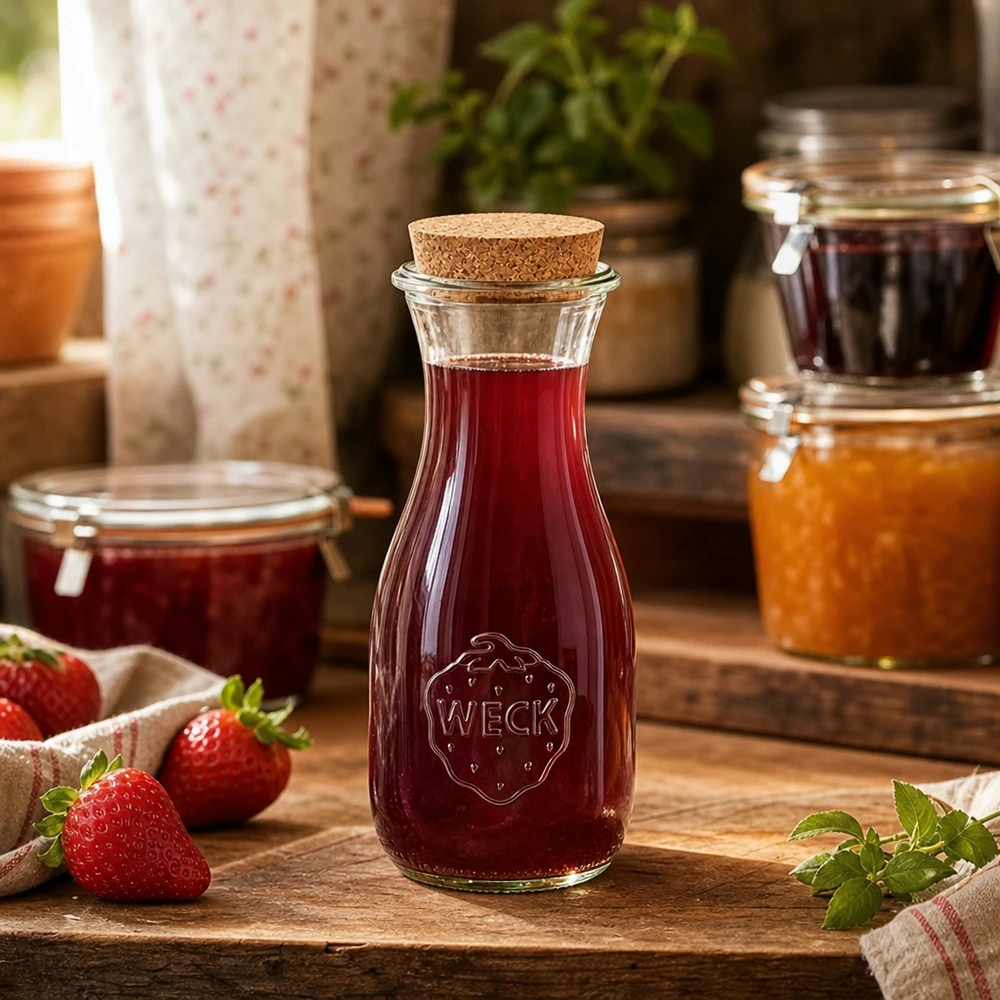 Botella de zumo WECK de 530 ml llena de zumo rojo sobre mesa de madera junto a tarros de mermelada y fresas frescas Cocina