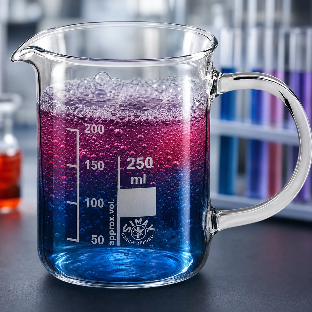 Vaso de precipitados de 250 ml con asa y un líquido azul-violeta con burbujas, en un entorno de laboratorio
