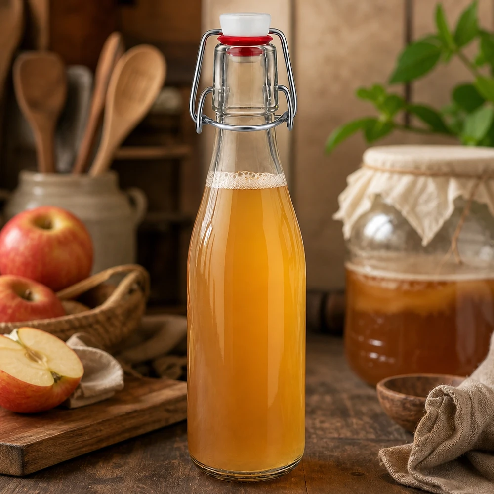 Botella de cristal de 250 ml con tapa oscilante llena de zumo de manzana, rodajas de manzana y tarro de mermelada al fondo