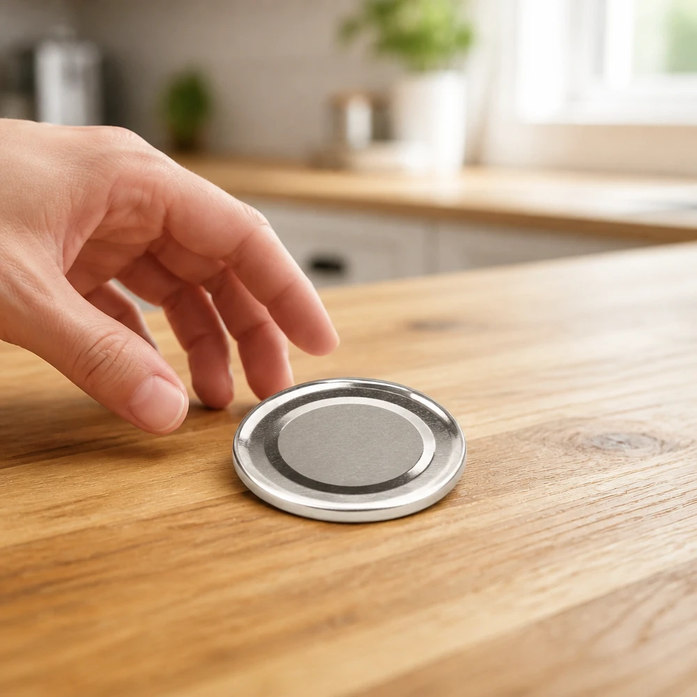 Tapa BasicSeal de 48 mm, color plateado (TO48) UNiTWIST Tapa BasicSeal de 48 mm, color plata, modelo TO48 UNiTWIST, sobre una mesa de madera en la cocina
