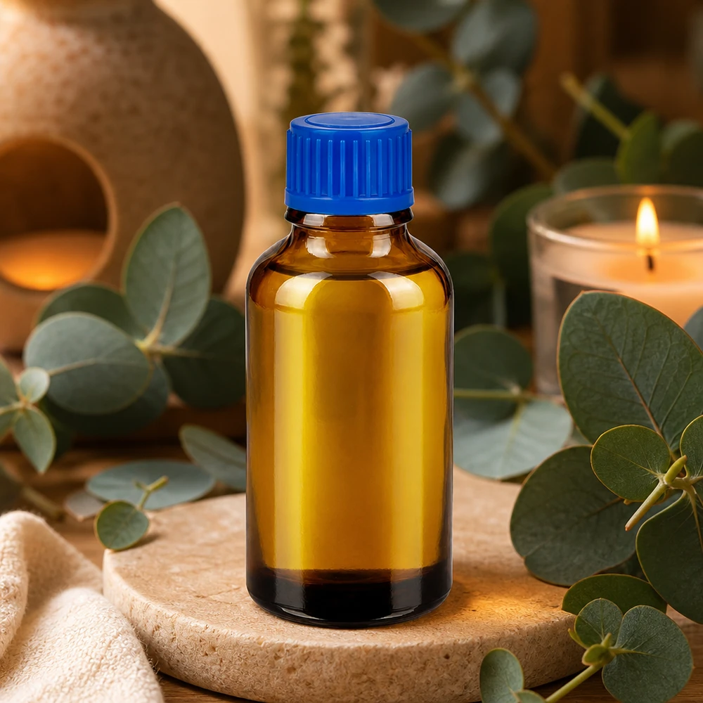 Frasco boticario de 30 ml de vidrio marrón con tapón cuentagotas azul para aromaterapia